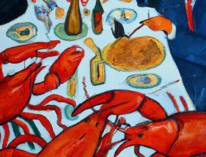 ilustracion con varias langostas en una mesa